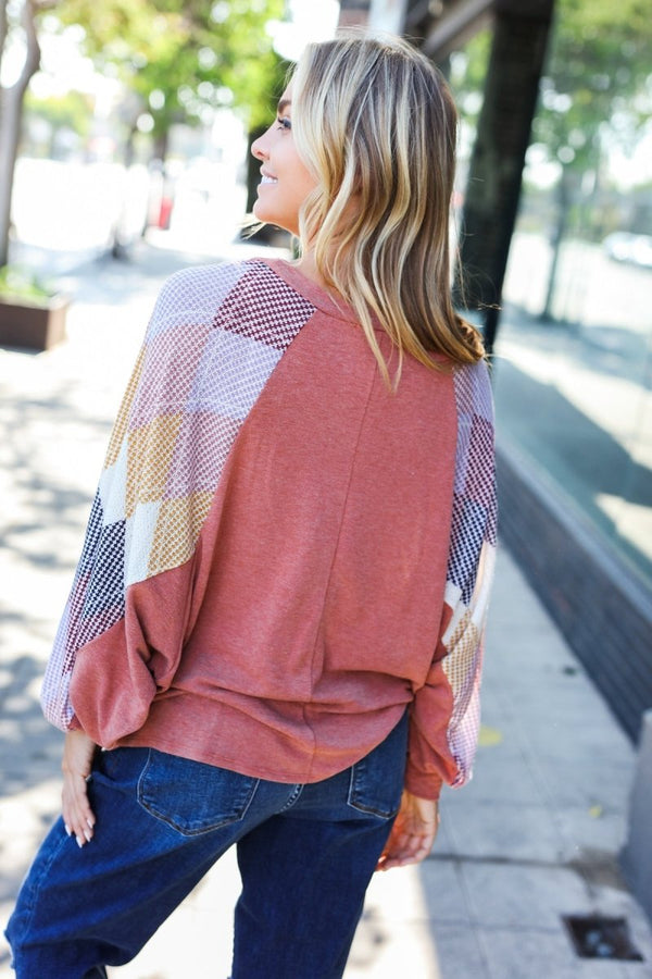 Weekend Ready Rust Argyle Pattern Dolman V Neck Top - Coeur de la Mode