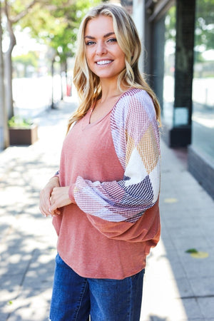 Weekend Ready Rust Argyle Pattern Dolman V Neck Top - Coeur de la Mode