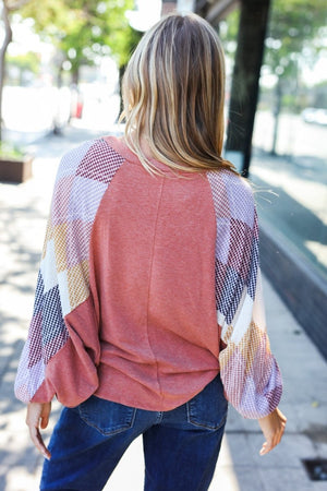 Weekend Ready Rust Argyle Pattern Dolman V Neck Top - Coeur de la Mode