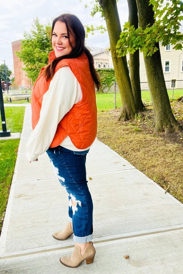 Weekend Ready Rust High Neck Snap Button Quilted Puffer Vest - Coeur de la Mode