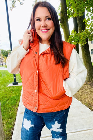 Weekend Ready Rust High Neck Snap Button Quilted Puffer Vest - Coeur de la Mode