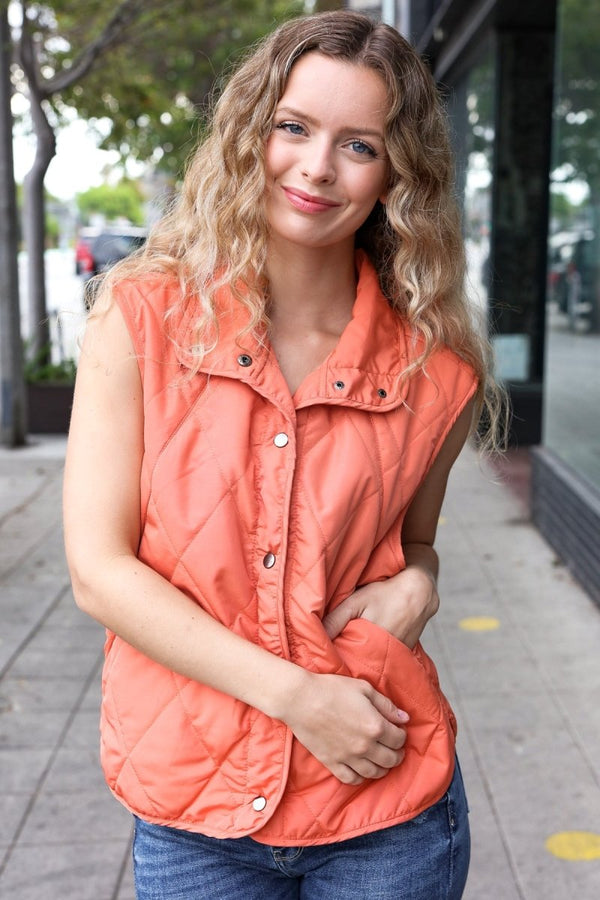 Weekend Ready Rust High Neck Snap Button Quilted Puffer Vest - Coeur de la Mode