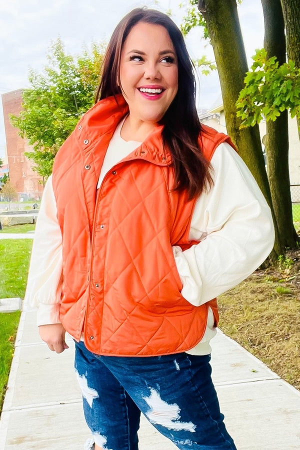 Weekend Ready Rust High Neck Snap Button Quilted Puffer Vest - Coeur de la Mode