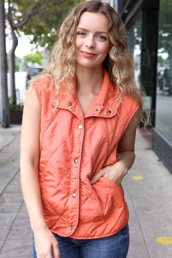Weekend Ready Rust High Neck Snap Button Quilted Puffer Vest - Coeur de la Mode