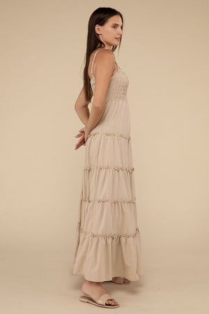 Woven Smocked Top Tiered Cami Maxi Dress - Coeur de la Mode