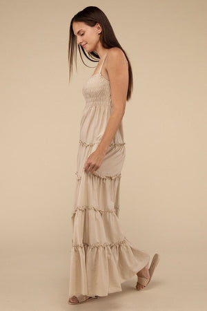 Woven Smocked Top Tiered Cami Maxi Dress - Coeur de la Mode