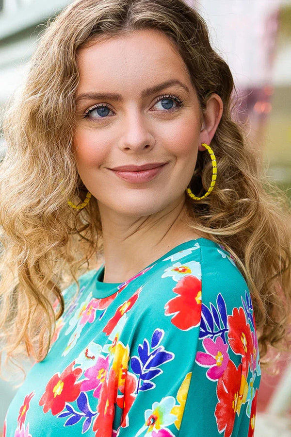 Canary Yellow Block Bead Open Hoop Earrings - Coeur de la Mode