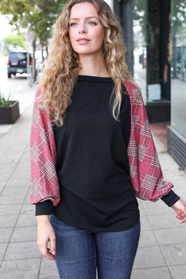 You Got This Burgundy Plaid Dolman Round Neck Top - Coeur de la Mode