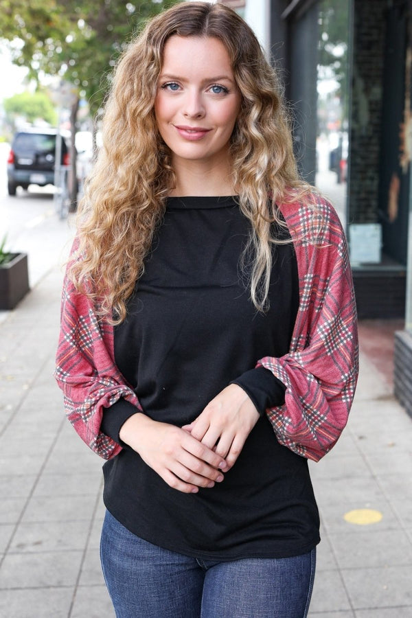 You Got This Burgundy Plaid Dolman Round Neck Top - Coeur de la Mode