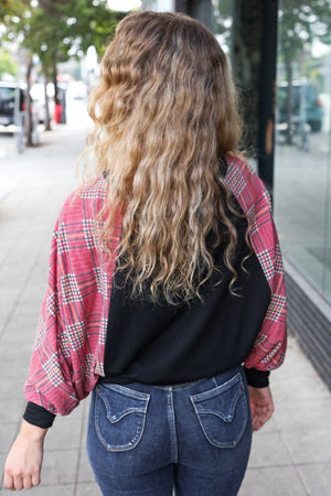 You Got This Burgundy Plaid Dolman Round Neck Top - Coeur de la Mode