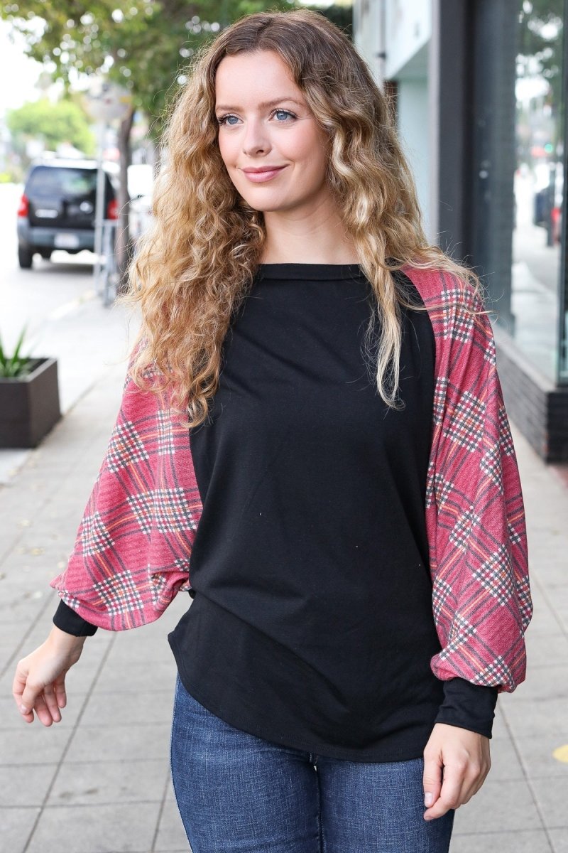 You Got This Burgundy Plaid Dolman Round Neck Top - Coeur de la Mode
