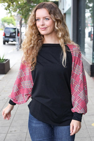 You Got This Burgundy Plaid Dolman Round Neck Top - Coeur de la Mode