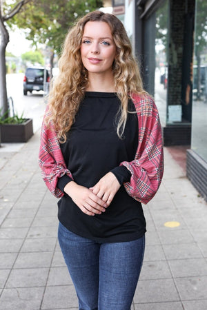 You Got This Burgundy Plaid Dolman Round Neck Top - Coeur de la Mode