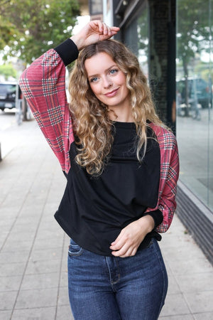You Got This Burgundy Plaid Dolman Round Neck Top - Coeur de la Mode