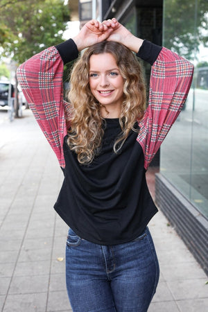 You Got This Burgundy Plaid Dolman Round Neck Top - Coeur de la Mode