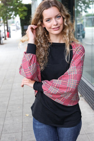You Got This Burgundy Plaid Dolman Round Neck Top - Coeur de la Mode