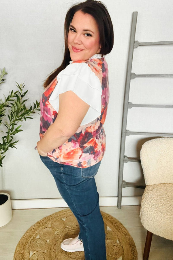 You Got This Floral Hacci TwoFer Short Ruffle Sleeve Blouse - Coeur de la Mode