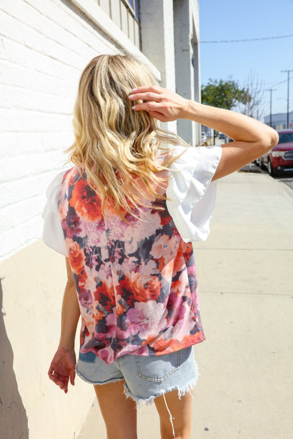 You Got This Floral Hacci TwoFer Short Ruffle Sleeve Blouse - Coeur de la Mode
