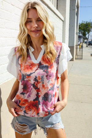 You Got This Floral Hacci TwoFer Short Ruffle Sleeve Blouse - Coeur de la Mode
