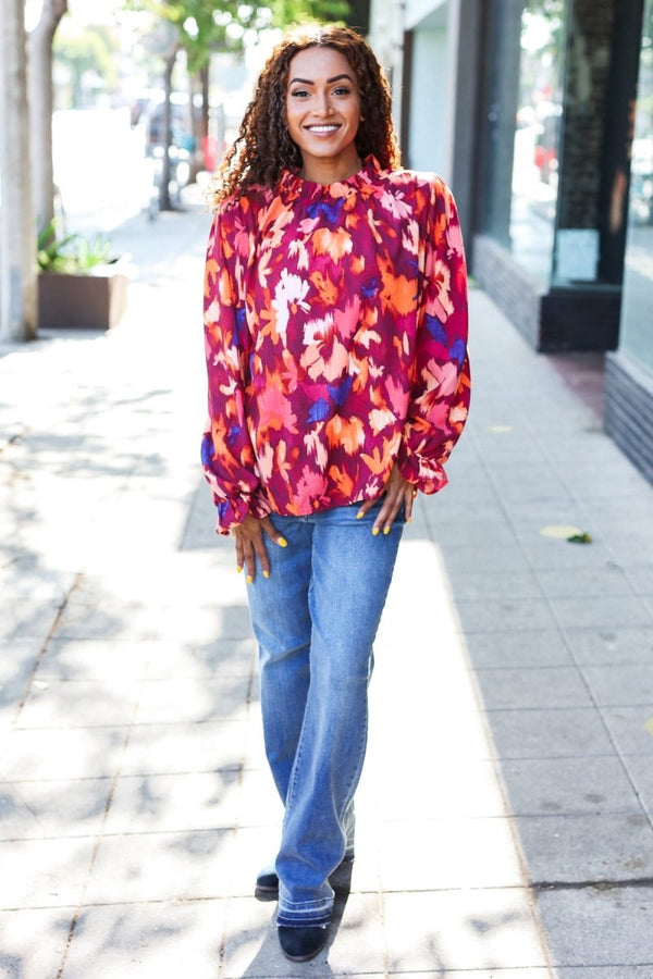 You Got This Wine Floral Print Print Frill Mock Neck Top - Coeur de la Mode