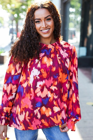 You Got This Wine Floral Print Print Frill Mock Neck Top - Coeur de la Mode