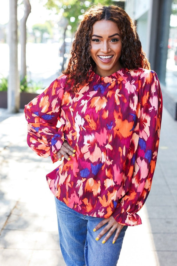 You Got This Wine Floral Print Print Frill Mock Neck Top - Coeur de la Mode