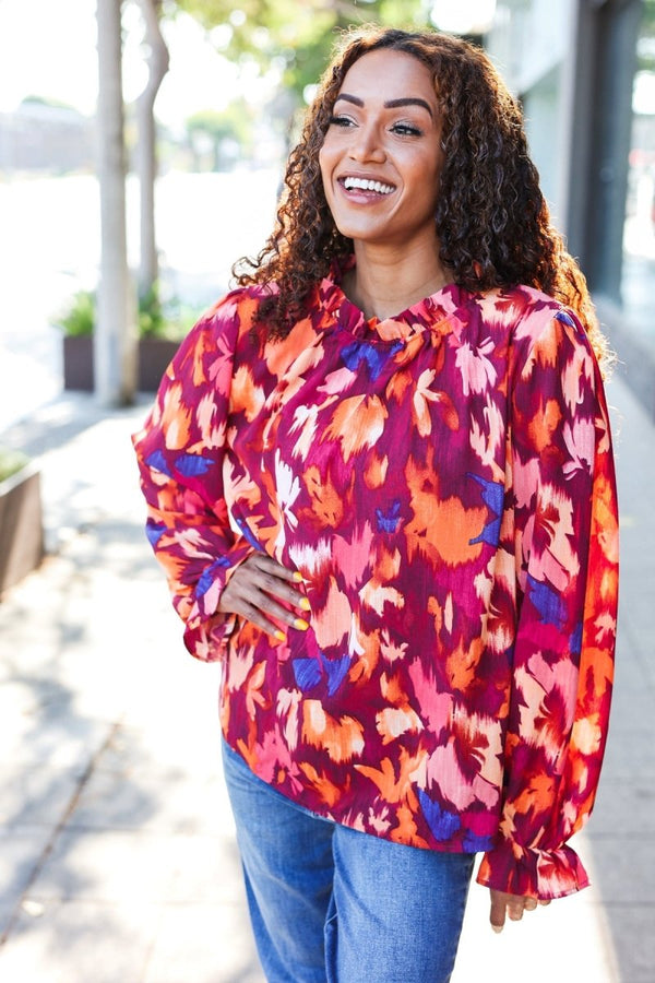 You Got This Wine Floral Print Print Frill Mock Neck Top - Coeur de la Mode