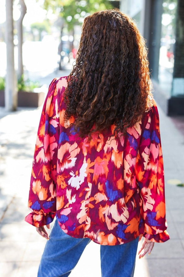 You Got This Wine Floral Print Print Frill Mock Neck Top - Coeur de la Mode