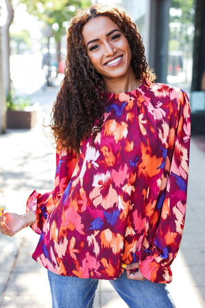 You Got This Wine Floral Print Print Frill Mock Neck Top - Coeur de la Mode