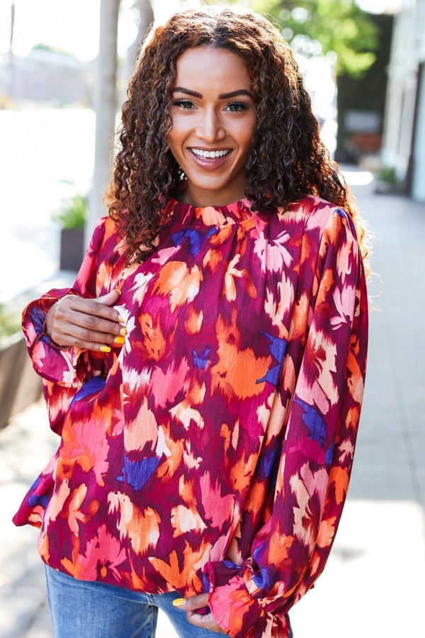 You Got This Wine Floral Print Print Frill Mock Neck Top - Coeur de la Mode