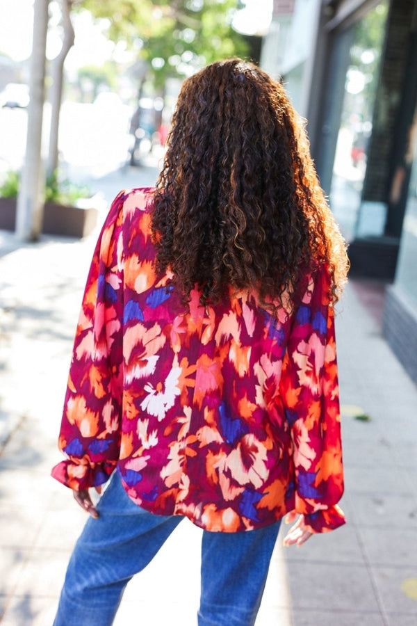 You Got This Wine Floral Print Print Frill Mock Neck Top - Coeur de la Mode
