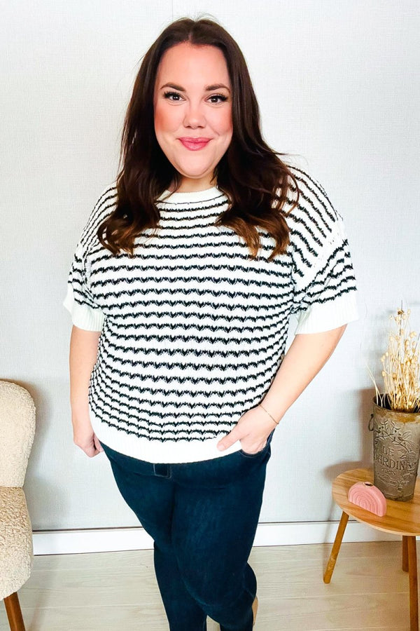 You've Got This Ivory & Black Wavy Stripe Pattern Sweater Top - Coeur de la Mode