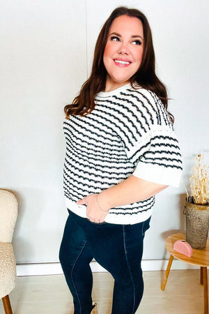 You've Got This Ivory & Black Wavy Stripe Pattern Sweater Top - Coeur de la Mode