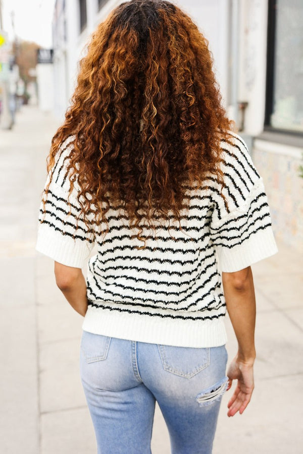 You've Got This Ivory & Black Wavy Stripe Pattern Sweater Top - Coeur de la Mode