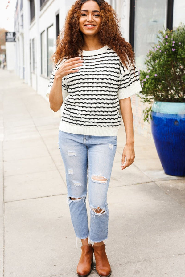 You've Got This Ivory & Black Wavy Stripe Pattern Sweater Top - Coeur de la Mode