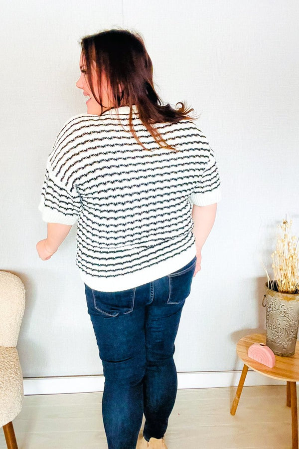 You've Got This Ivory & Black Wavy Stripe Pattern Sweater Top - Coeur de la Mode