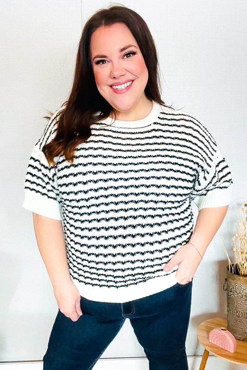 You've Got This Ivory & Black Wavy Stripe Pattern Sweater Top - Coeur de la Mode