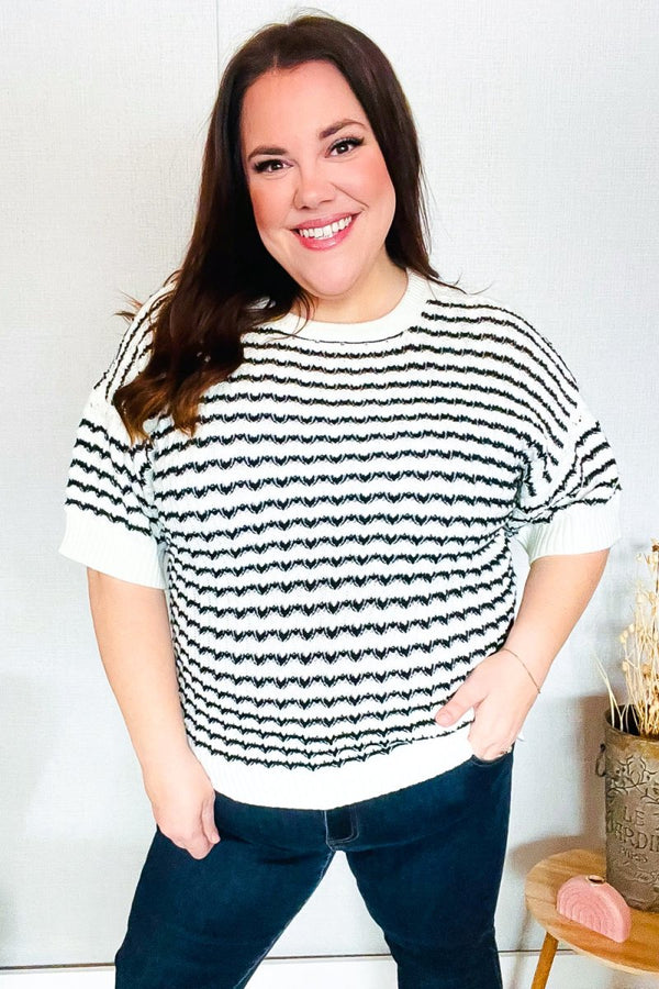 You've Got This Ivory & Black Wavy Stripe Pattern Sweater Top - Coeur de la Mode