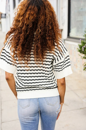 You've Got This Ivory & Black Wavy Stripe Pattern Sweater Top - Coeur de la Mode