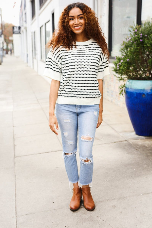 You've Got This Ivory & Black Wavy Stripe Pattern Sweater Top - Coeur de la Mode