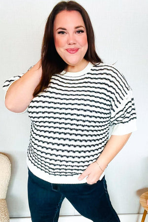 You've Got This Ivory & Black Wavy Stripe Pattern Sweater Top - Coeur de la Mode