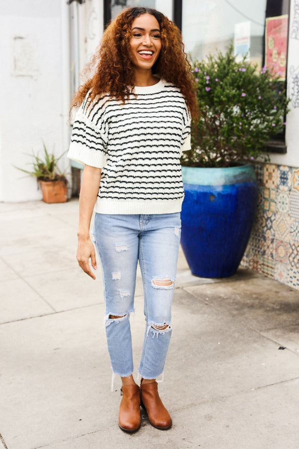 You've Got This Ivory & Black Wavy Stripe Pattern Sweater Top - Coeur de la Mode