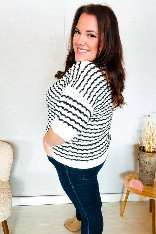 You've Got This Ivory & Black Wavy Stripe Pattern Sweater Top - Coeur de la Mode